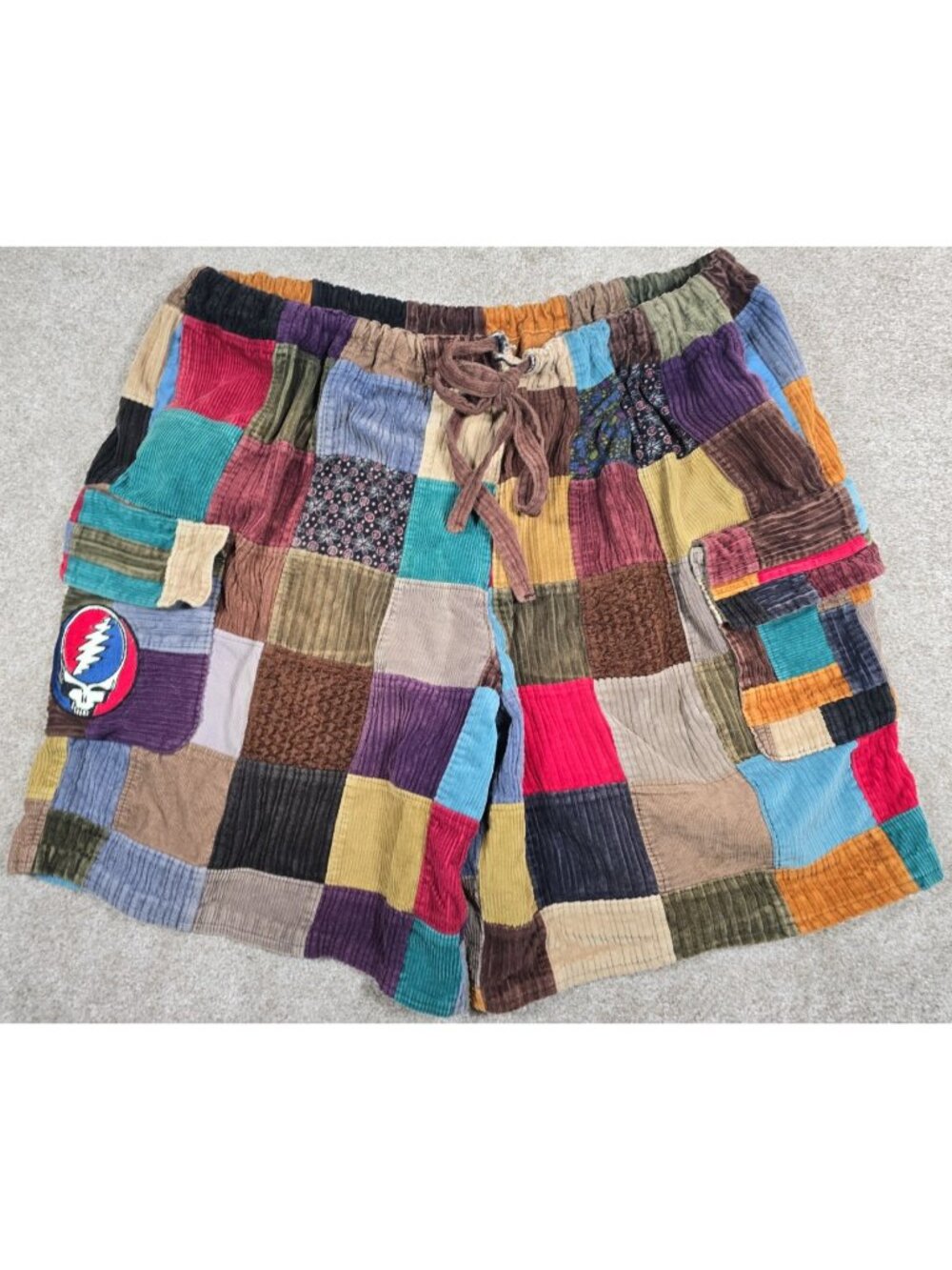Patchwork Corduroy Cargo Shorts Grateful Dead Stealie Festival Drawstring Waist